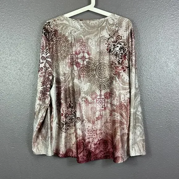 Chico's Zenergy Top Size 3 Long Sleeve Lace Print Tunic Brown Red - Picture 3 of 7